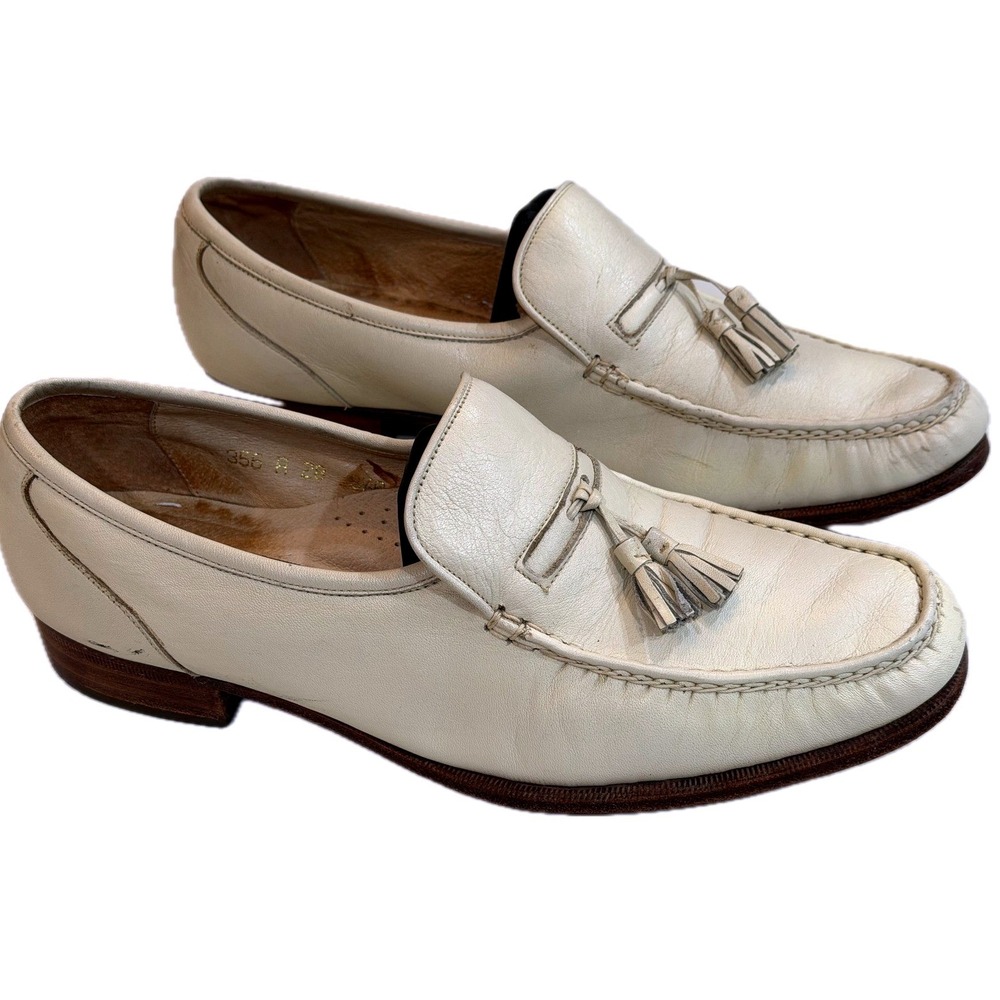 70s Vintage Regal Mens Cream Leather Tassel Loafers Driving Moc Toe Dress Sz 8.5